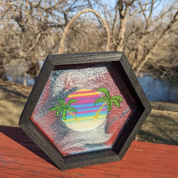 ๐ดSOLD๐ด Beach Palm Trees Wall Hanging Handmade Art Ocean Shadow Box Wood Canvas - Picture 7 of 9